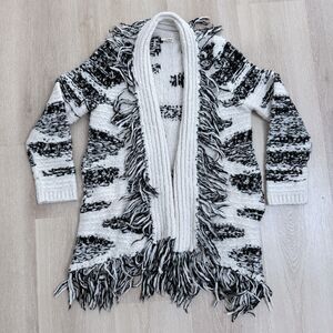 Boho Shaggy Fringe Open Cardigan Black White Southwestern Oversized Knit Wool OS